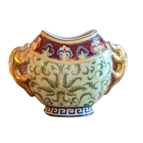 Porcelain China Vase Green Gold Burgundy Palm Trees with Off White Crackle Glaze - Picture 3 of 6